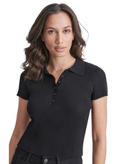 Dkny Jeans Petite Short-Sleeve Ribbed Polo Shirt - Black