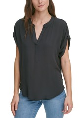 Dkny Jeans Solid Roll-Tab-Sleeves V-Neck Top