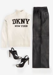 Dkny Jeans Womens Intarsia Logo Turtleneck Sweater Faux Leather Wide Leg Pants