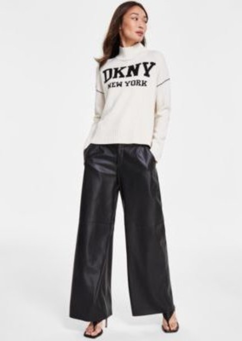 Dkny Jeans Womens Intarsia Logo Turtleneck Sweater Faux Leather Wide Leg Pants