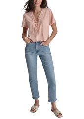 Dkny Jeans Women's Lace-Up V-Neck Short-Sleeve Tee - Peach Melba