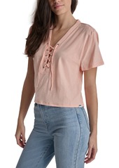 Dkny Jeans Women's Lace-Up V-Neck Short-Sleeve Tee - Peach Melba