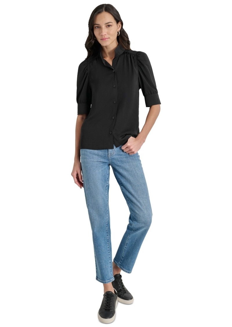 Dkny Jeans Women's Stand Collar Puff-Sleeve Shirt - BLACK