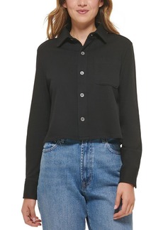 DKNY Jeans Womens Cropped Collared Button-Down Top