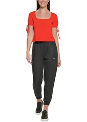 DKNY Jeans Womens Cropped Tied-Sleeve T-Shirt