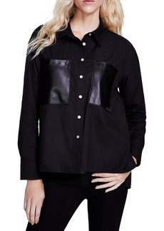 DKNY Jeans Womens Faux Leather Pocket Button Down Blouse