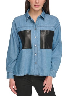 DKNY Jeans Womens Faux Leather Pockets Long Sleeves Button-Down Top