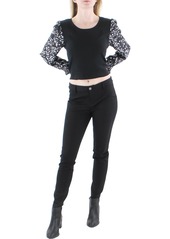 DKNY Jeans Womens Mixed Media Animal Print Blouse