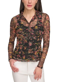DKNY Jeans Womens Printed Collared Polo Top