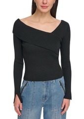 DKNY Jeans Womens Ribbed Asymmetrical Neck Pullover Sweater