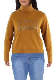 DKNY Jeans Womens Sequined Logo Ribbed Trim Turtleneck Sweater