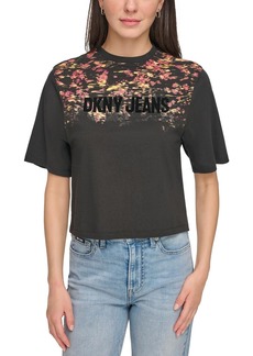 DKNY Jeans Womens Velvet Trim Crewneck Graphic T-Shirt