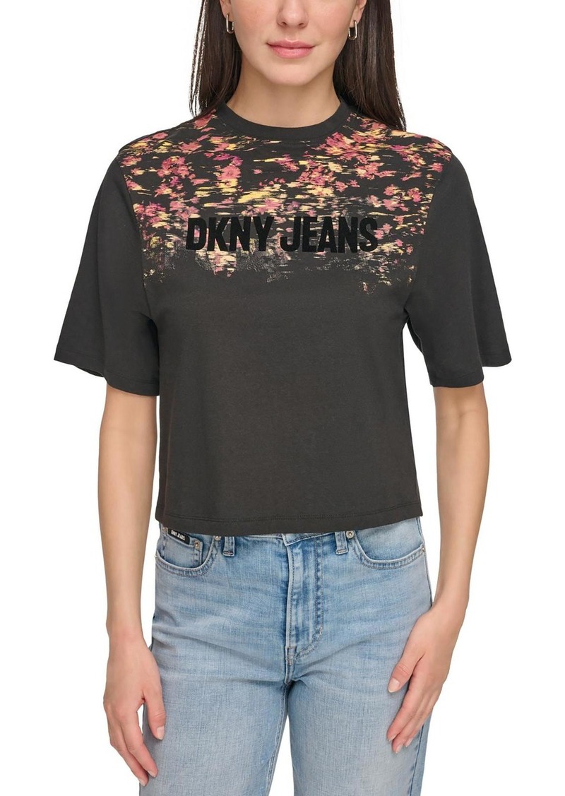 DKNY Jeans Womens Velvet Trim Crewneck Graphic T-Shirt