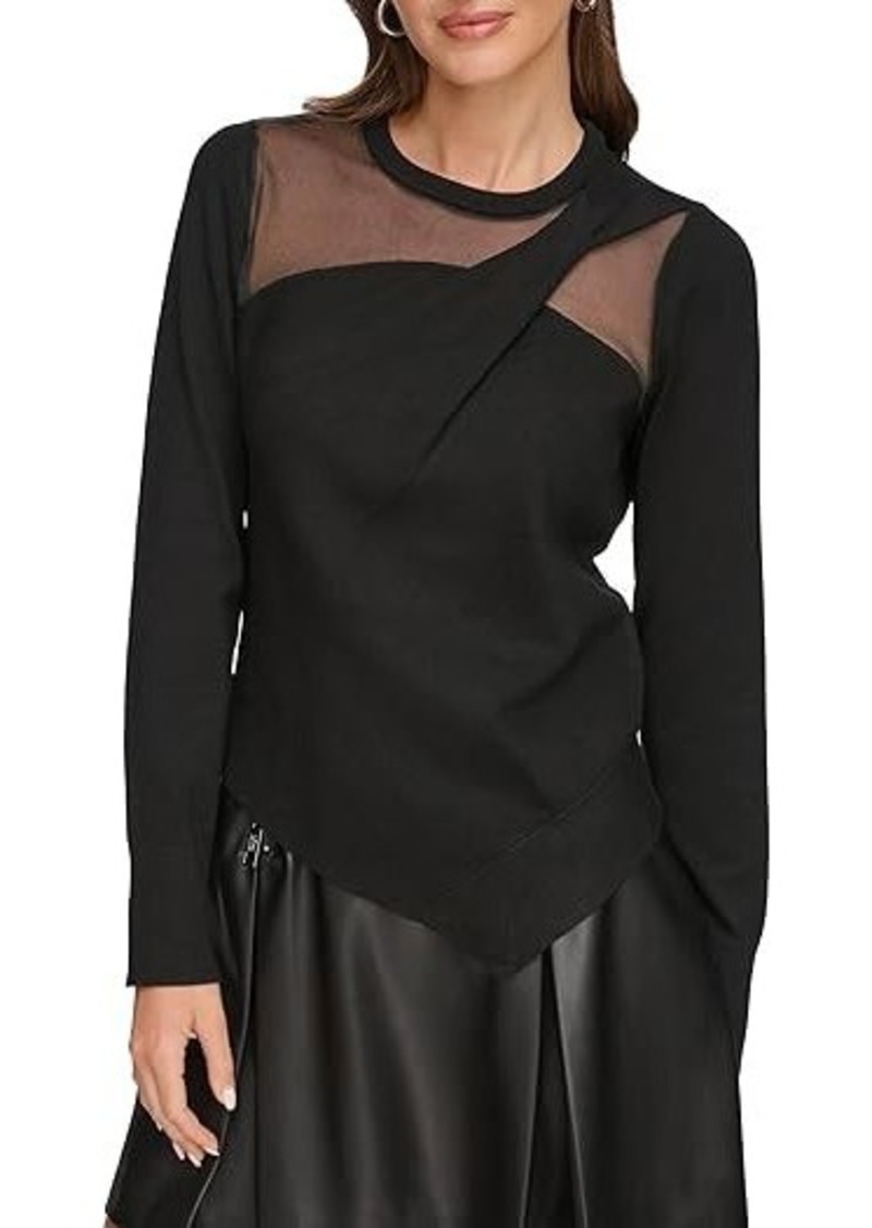 DKNY Long Sleeve Asymmetrical Hem Sheer Sleeve Sweater