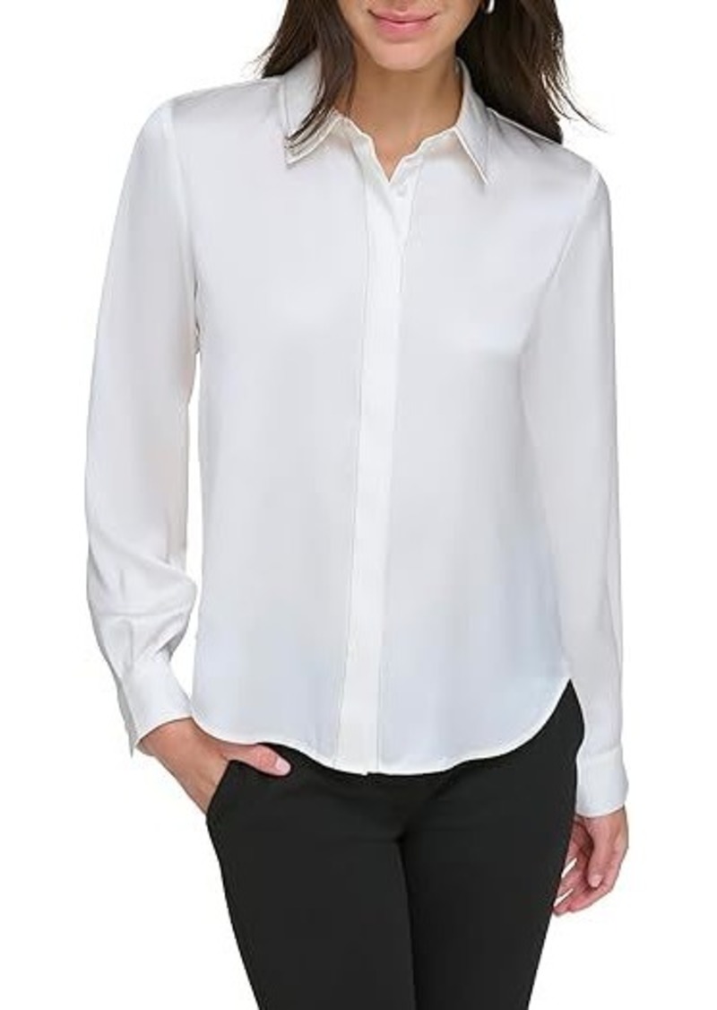 DKNY Long Sleeve Shirt Collar Button Front with Contrast Stitch