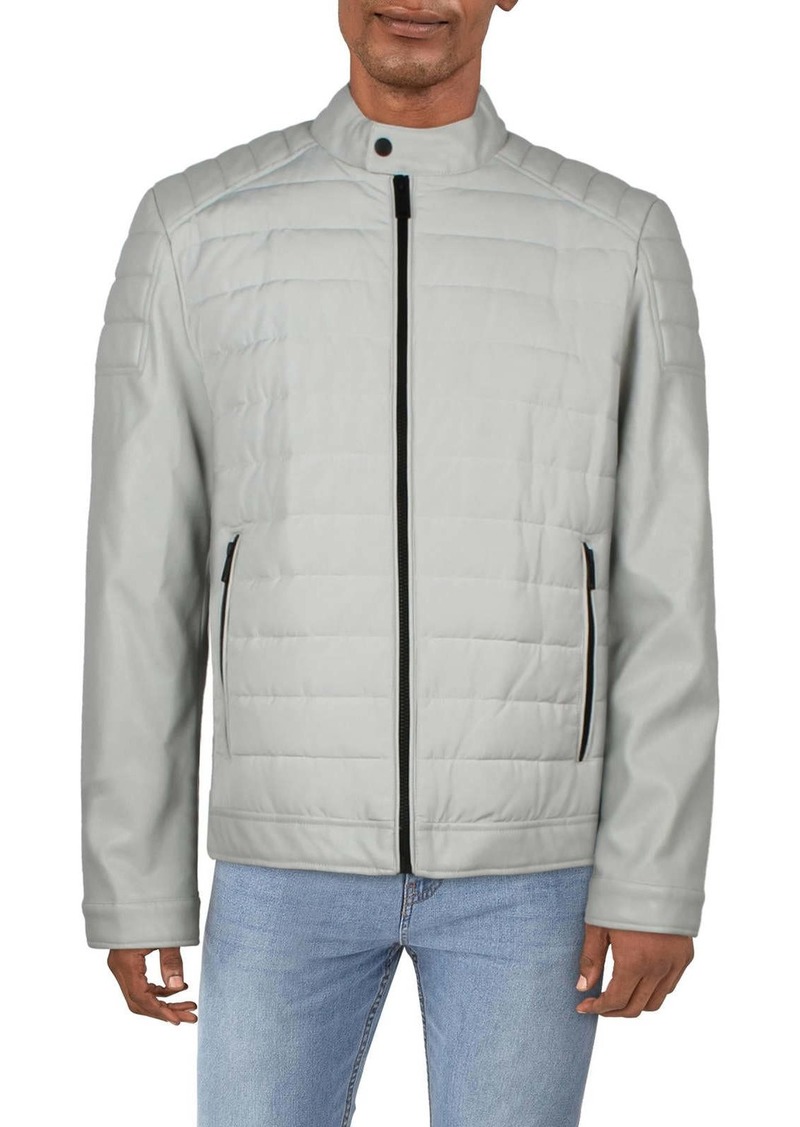 DKNY Mens Faux Leather Cold Weather Quilted Coat