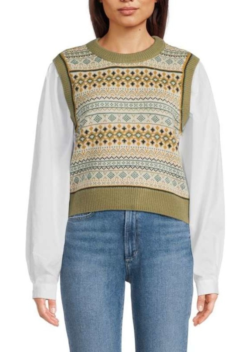 DKNY Mixed Media Fairislle Knit Bodice Sweater