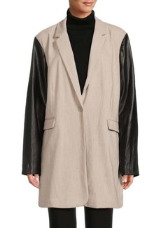 DKNY Mixed Media Faux Leather Sleeve Longline Jacket