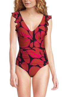 DKNY One-Piece Ruched Ruffle Trim Swimsuit