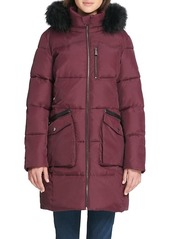 DKNY Quilted Faux Fur-Trim Hooded Coat