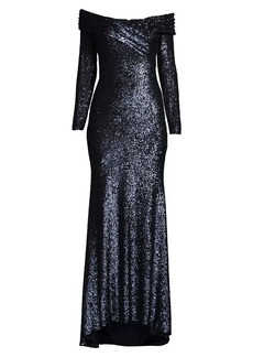 DKNY Social Signature Off-The-Shoulder Sequin Gown
