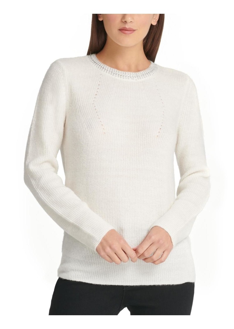 DKNY Womens Embellished Ribbed Crewneck Sweater