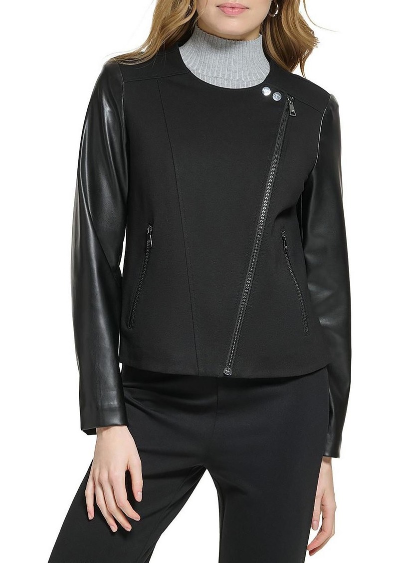 DKNY Womens Faux Leather Collarless Motorcycle Jacket