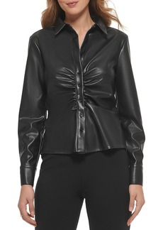 DKNY Womens Faux Leather Ruched Button-Down Top