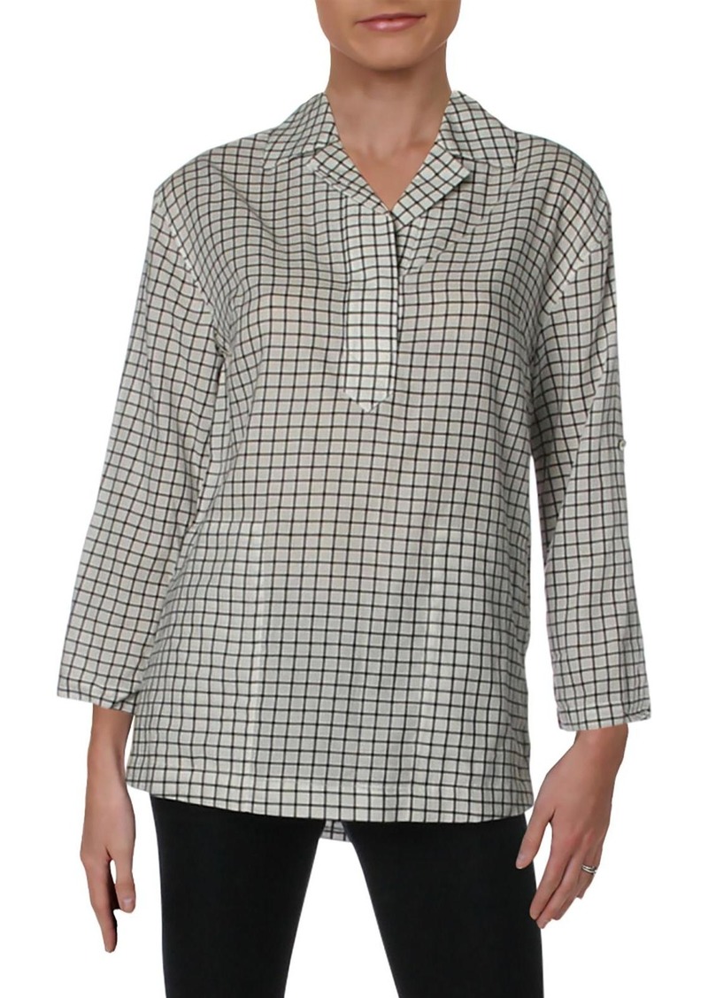 DKNY Womens Flannel Collar Pullover Top