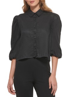 DKNY Womens Linen Cropped Button-Down Top