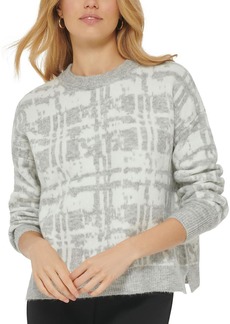 DKNY Womens Printed Ribbed Trim Pullover Sweater