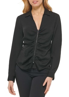 DKNY Womens Ruched Front Zipper Blouse