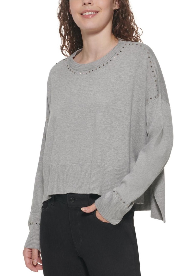 DKNY Womens Studded Crew Neck Pullover Sweater