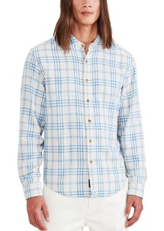 Dockers Men's Regular Fit Long Sleeve Band Collar Shirt (New) Egret Cream Blue-Zuma Plaid (Doublecloth)