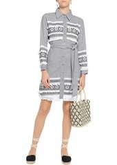 Dodo Bar Or Woman Two-tone Belted Ringe-trimmed  Embellished Embroidered Cotton Mini Dress Gray