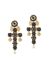 Dolce & Gabbana 18kt yellow gold cross black sapphires and pearl clip-on earrings