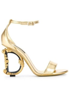 Dolce & Gabbana 'Baroque' Gold Colored Sandals with Logo Heel in Leather Woman