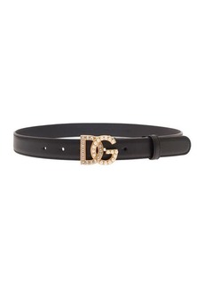 Dolce & Gabbana Black Belt with DG Logo Buckle with Pearls and Rhinestones in Smooth Leather Woman