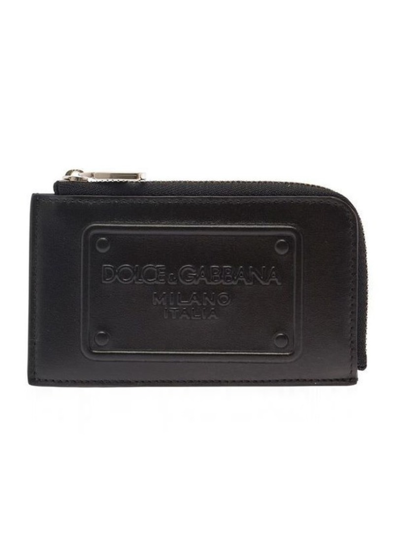 Dolce & Gabbana Black Card-Holder with Tonal Logo Plaque in Smooth Leather Man