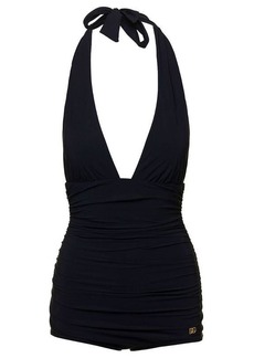 Dolce & Gabbana Black Gathered One-Piece Swimsuit with Logo Patch in Stretch Polyamide Woman
