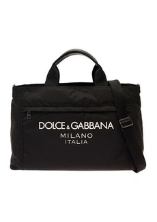 Dolce & Gabbana Black Gym Bag with Contrasting Logo Print in Polyamide Man