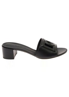 Dolce & Gabbana Black Mules with Low Heel and DG Cut-Out in Smooth Leather Woman