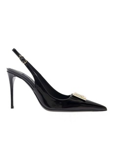 Dolce & Gabbana Black Slingback Pumps with Metal DG Patch in Shiny Leather Woman