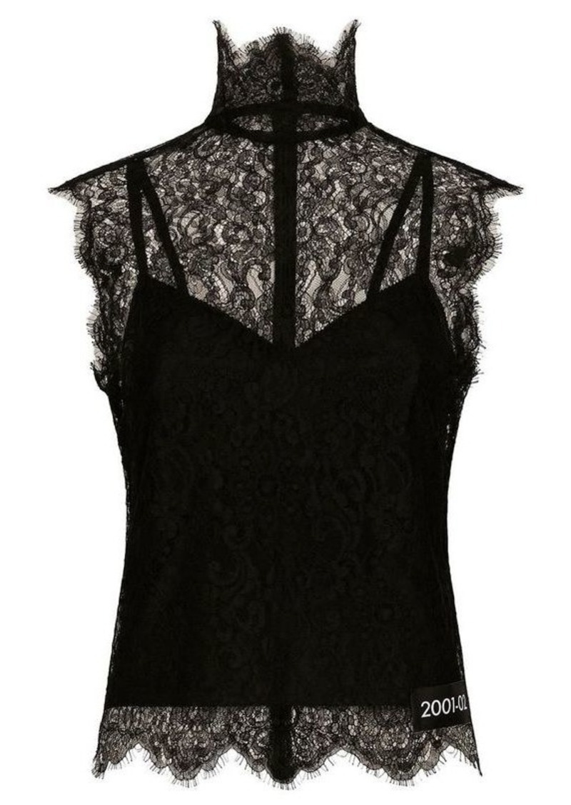 Dolce & Gabbana Black Turtle-Neck Tank Top with Re-Edition Patch in Chantilly Lace Woman