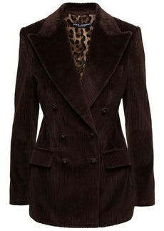 Dolce & Gabbana Brown Double-Breasted Jacket with Branded Buttons in Corduroy Woman