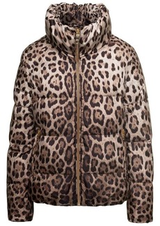 Dolce & Gabbana Brown Down Jacket with High-Neck with All-Over Leo Print in Nylon Woman