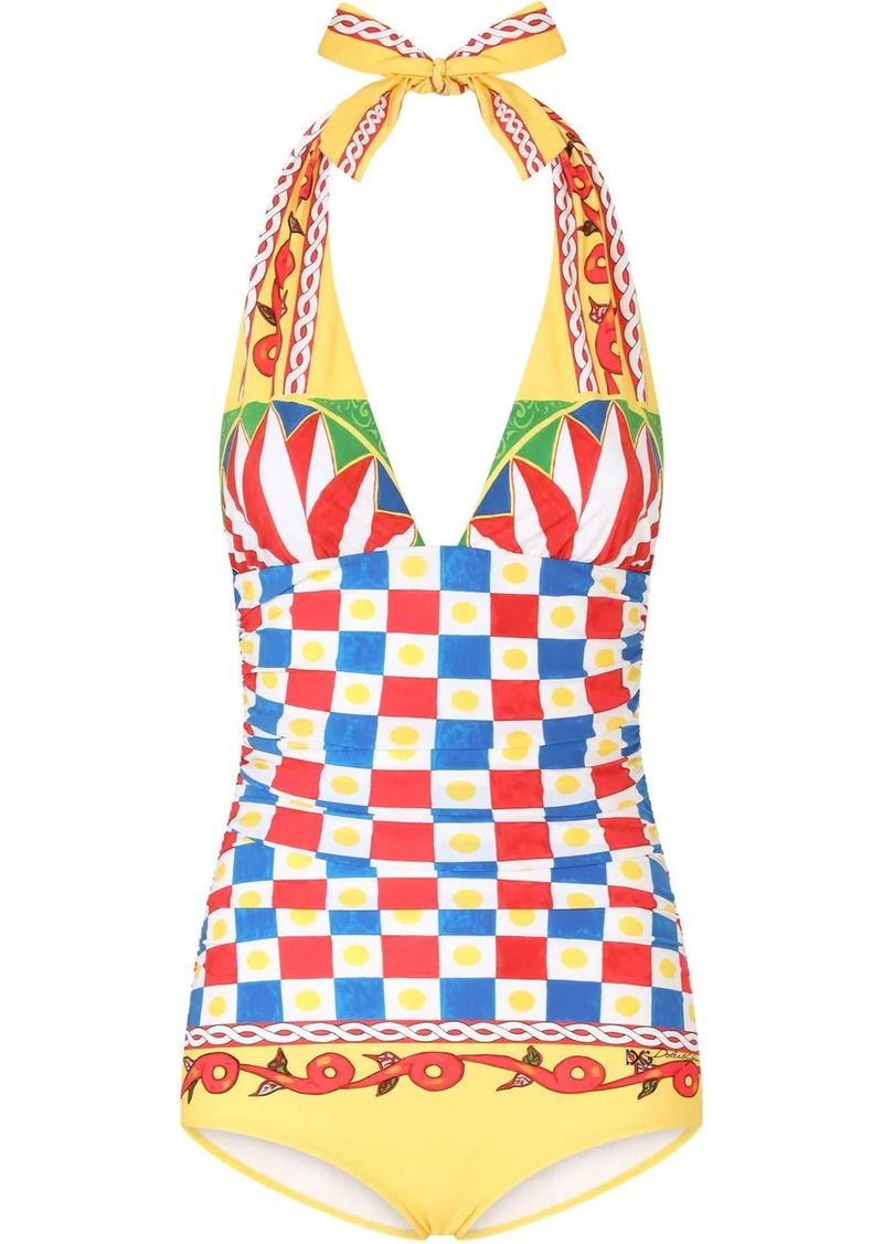 Dolce & Gabbana Carretto-print plunge-neck swimsuit