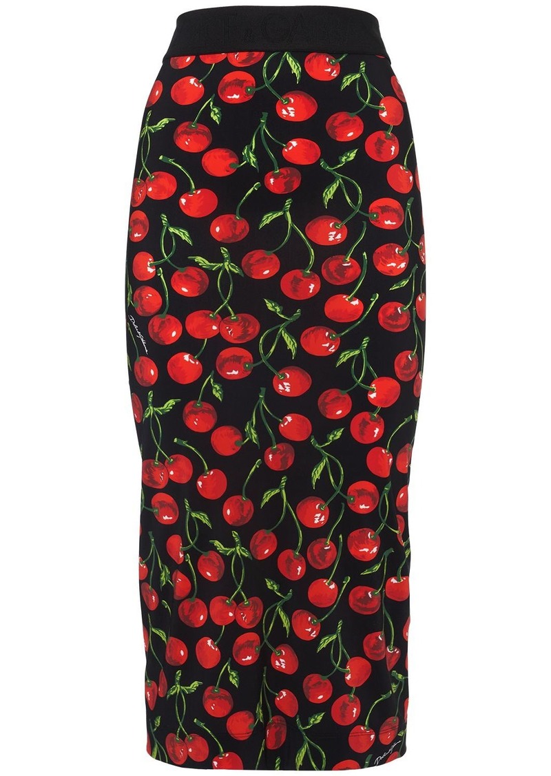 Dolce & Gabbana Cherry Print Tech Jersey Midi Skirt