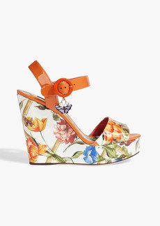 Dolce & Gabbana - Floral-print patent-leather wedge sandals - Orange - EU 37.5