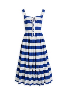 Dolce & Gabbana - Lace-up striped cotton-poplin midi dress - Blue - IT 40